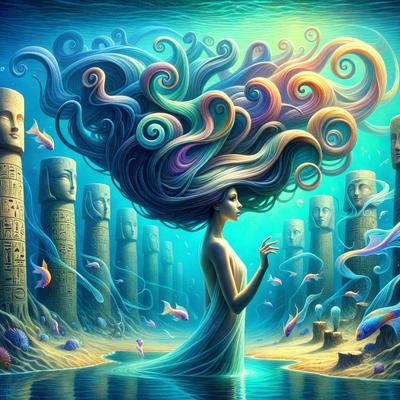 The primary subject of the image is a woman with long hair, who is standing in a body of water. She is surrounded by a variety of fish and other aquatic creatures, creating a lively and vibrant atmosphere. The setting is underwater, with the woman standing in front of a series of pillars, which adds an element of depth and intrigue to the scene. The visual style of the image is a combination of digital art and illustration, giving it a unique and captivating appearance. The colors and mood